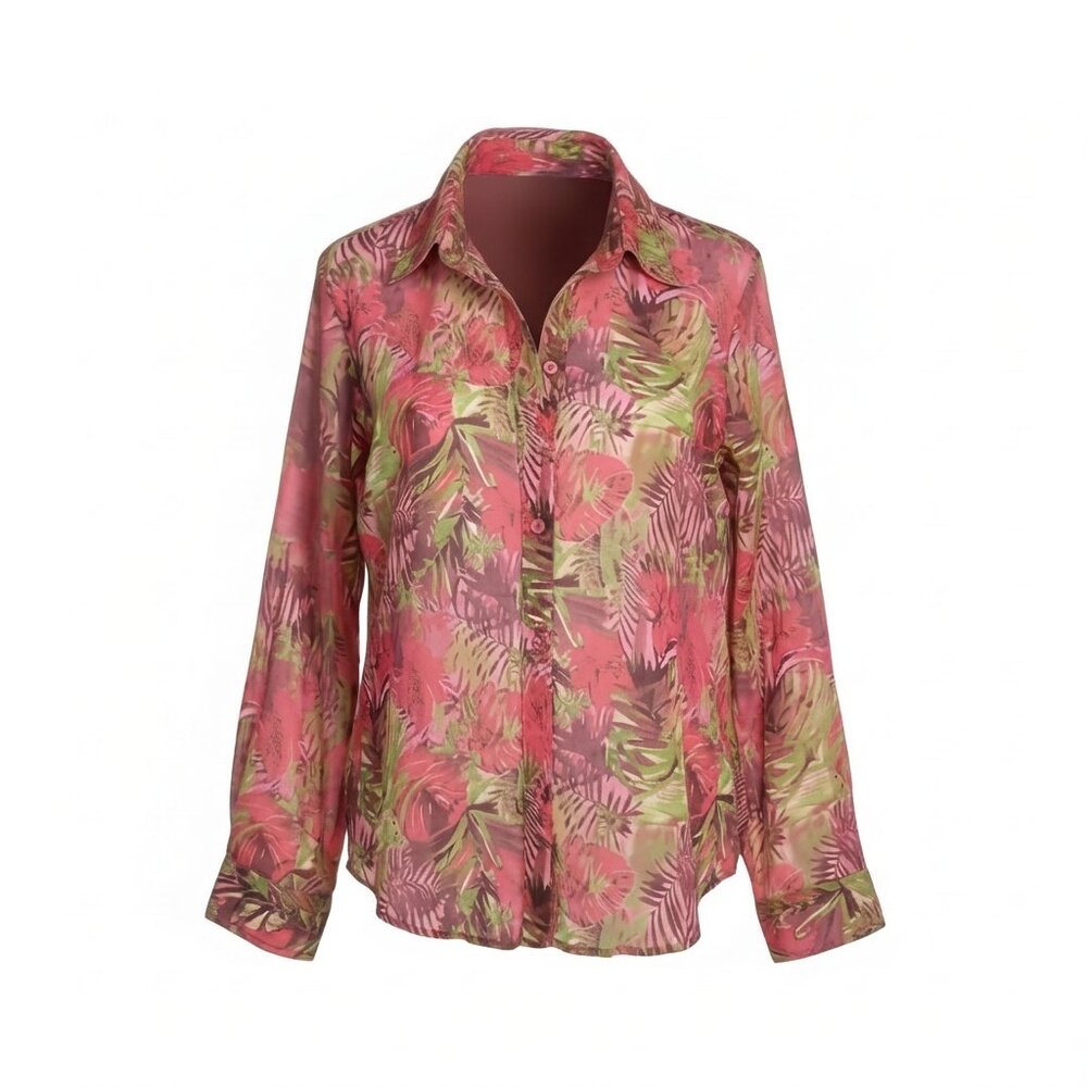 Ms Lee Shirt Women's XL Red 3/4 Sleeve Button Up Business Casual Forest Print